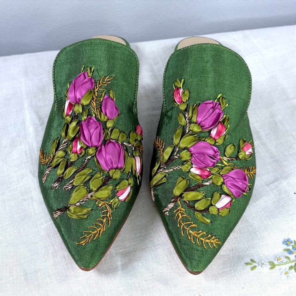 Anatolian Craft Green Ribbon Embroidered Floral Mules  Size 40  NO BOX - Picture 7 of 7